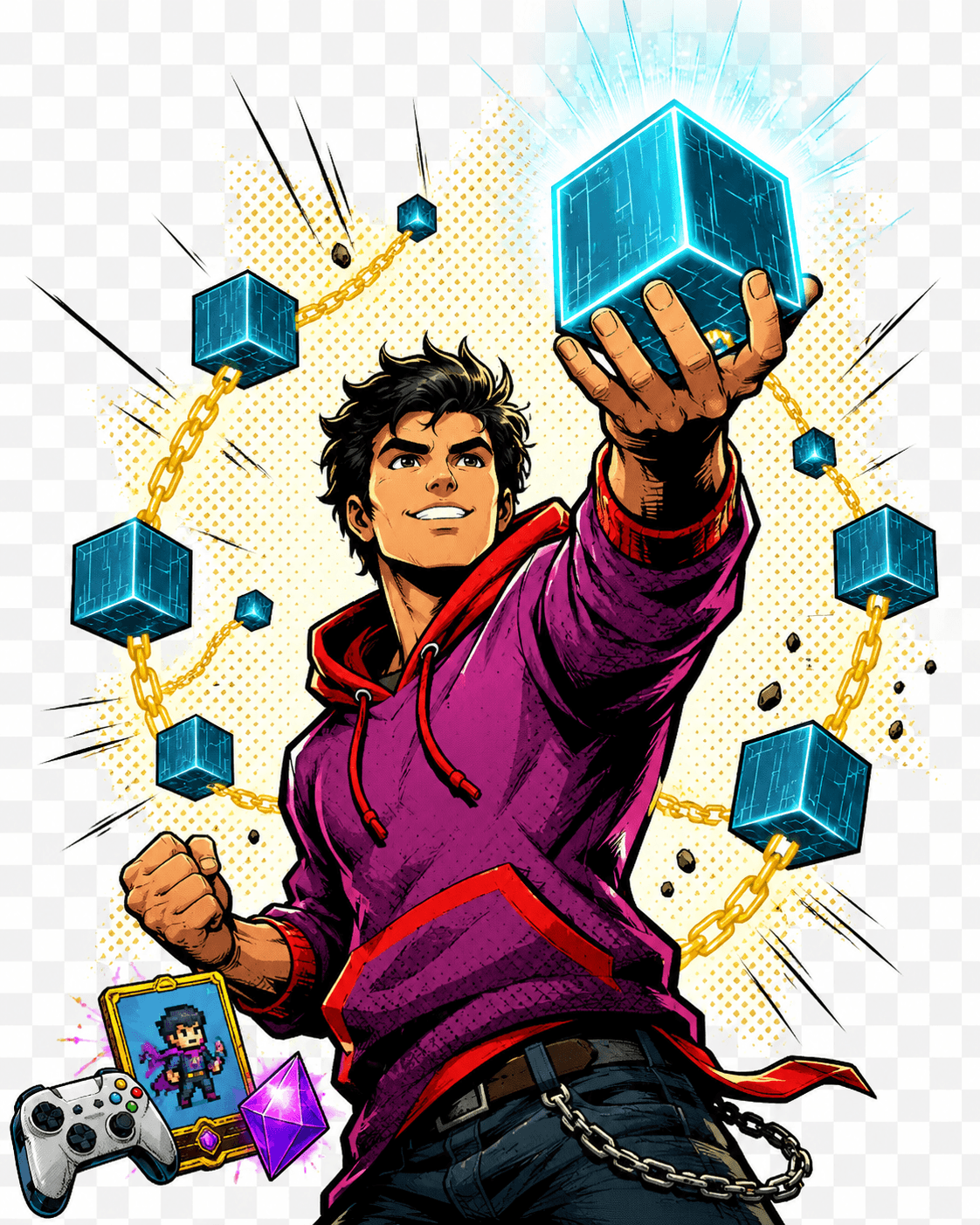 ブロックチェーンの光るブロックを掲げるクリエイターヒーロー