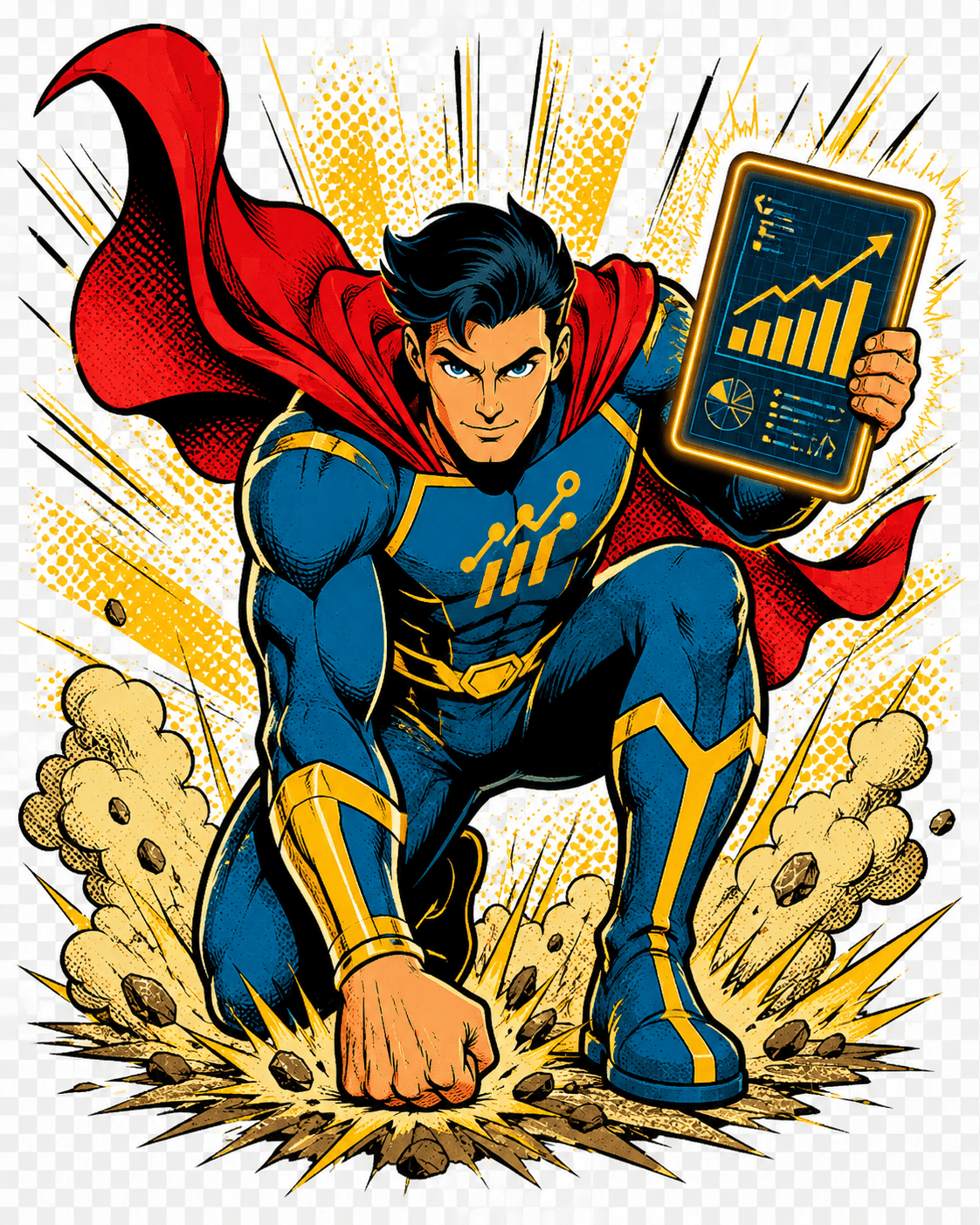 AIマーケティングのヒーロー — タブレットを武器に着地するキャラクター